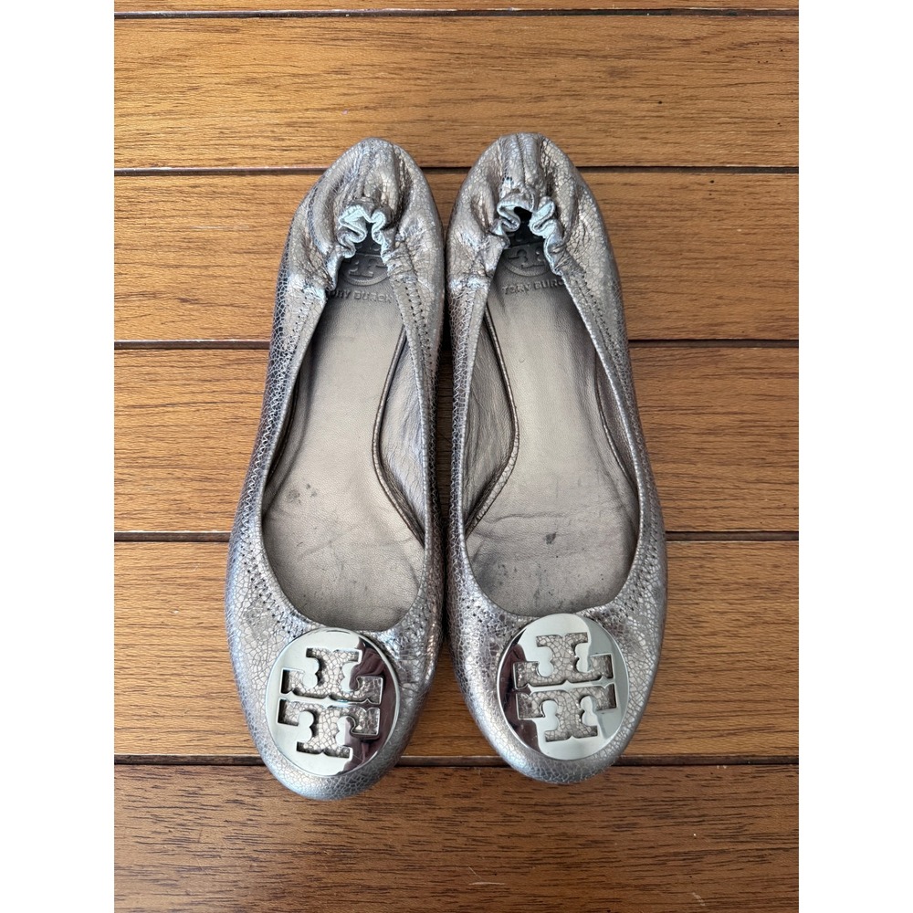 Tory Burch Reva Ballet Flats Silver Metallic Snakeskin Leather Logo Size 10M